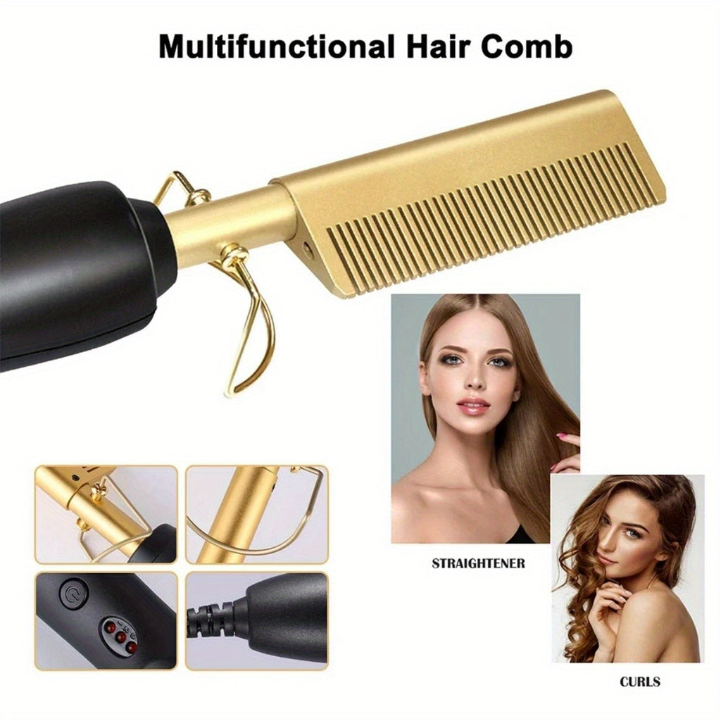 Hot Comb Hair Straightener Portable Ceramic Curler, Copper Hot Comb Heat Press Curl/ Straight Hair Styling Brush for Hair Beard Wig Wet and Dry Hair Styling Tools