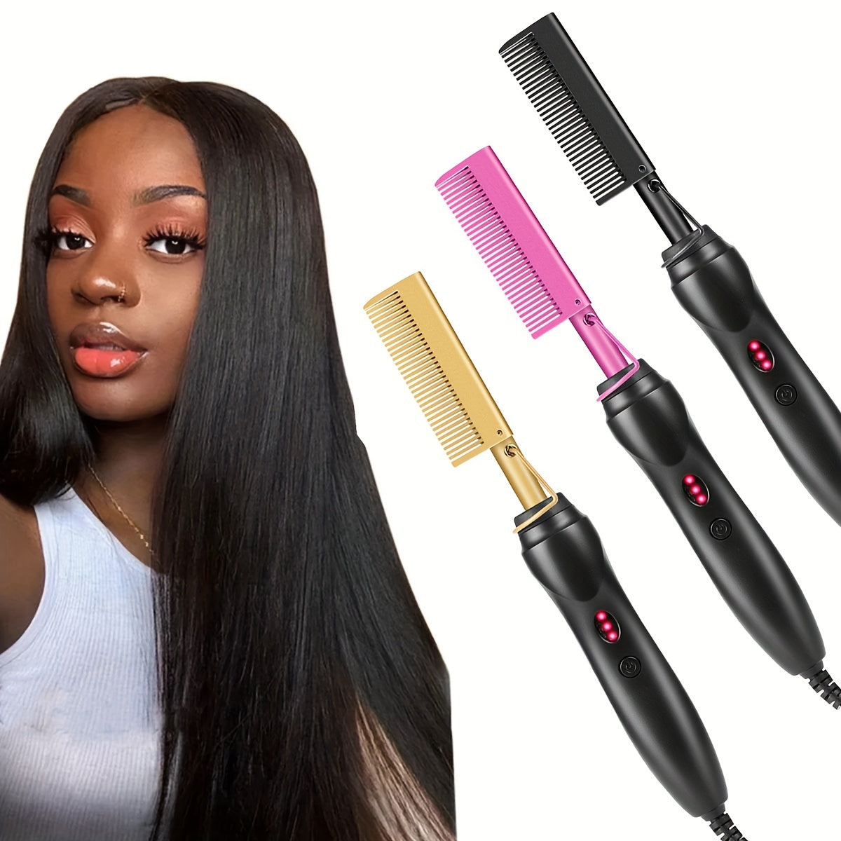 Hot Comb Hair Straightener Portable Ceramic Curler, Copper Hot Comb Heat Press Curl/ Straight Hair Styling Brush for Hair Beard Wig Wet and Dry Hair Styling Tools