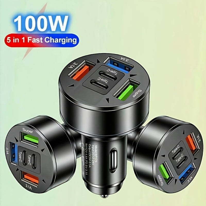 2026 Upgraded Fast-Charge Digital Display Car Charger | Features 2 PD and 3 USB-C Ports, Portable, Designed for Drivers and Passengers, Wireless Charging Adapter, Travel-Friendly