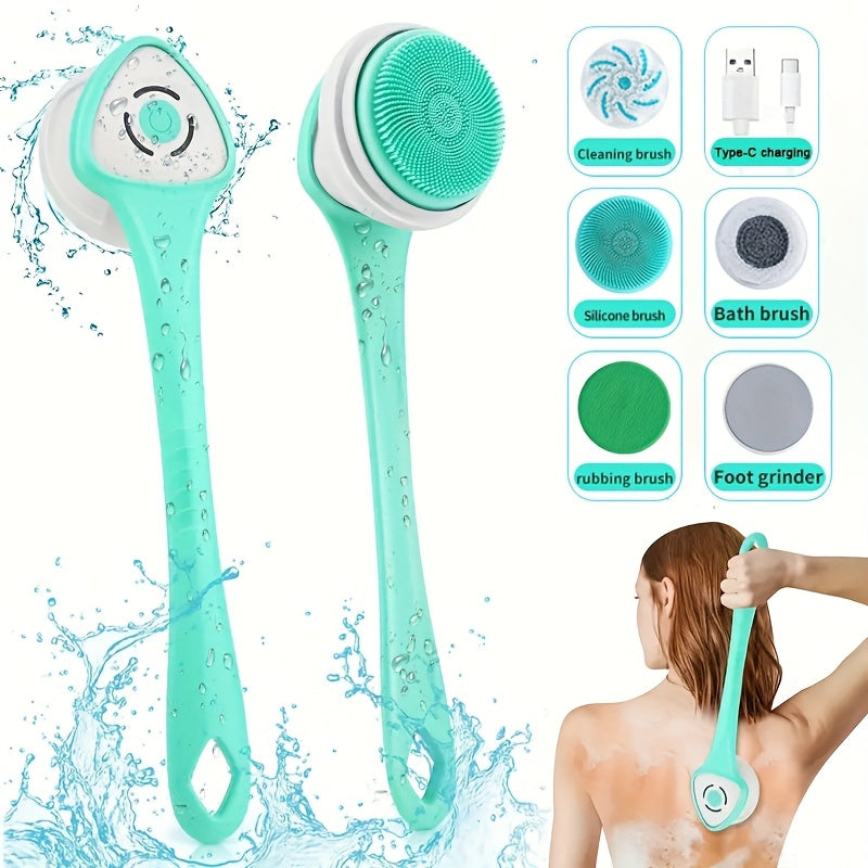 6-in-1 Rechargeable Electric Shower Brush Set for Full Body Cleansing And Vibrating Back Scrubber- Removable Long Handle And Exfoliating Brush- Rotating Shower Facial Brush Head- for Deep Cleansing And Exfoliation- Gift for Girlfriends