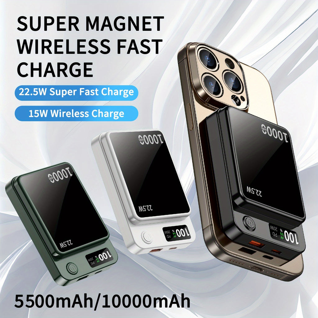 Magnetic Portable Wireless Charger, 10000/5500mAh Wireless Power Bank with 22.5W USB-C Fast Charging, LED Display Magnetic Battery Pack for iPhone 16/15/14/13/12 Full Series And Android Series Phone Charging