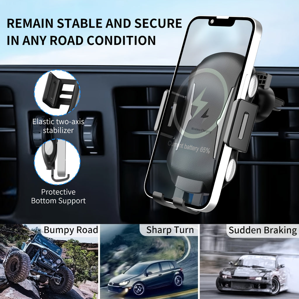 Auto-Sensing Car Phone Mount - Wireless Charger Fast Charge with Vent Clip & Dashboard Suction, Auto-Lock Tech For, Smart Car Holder