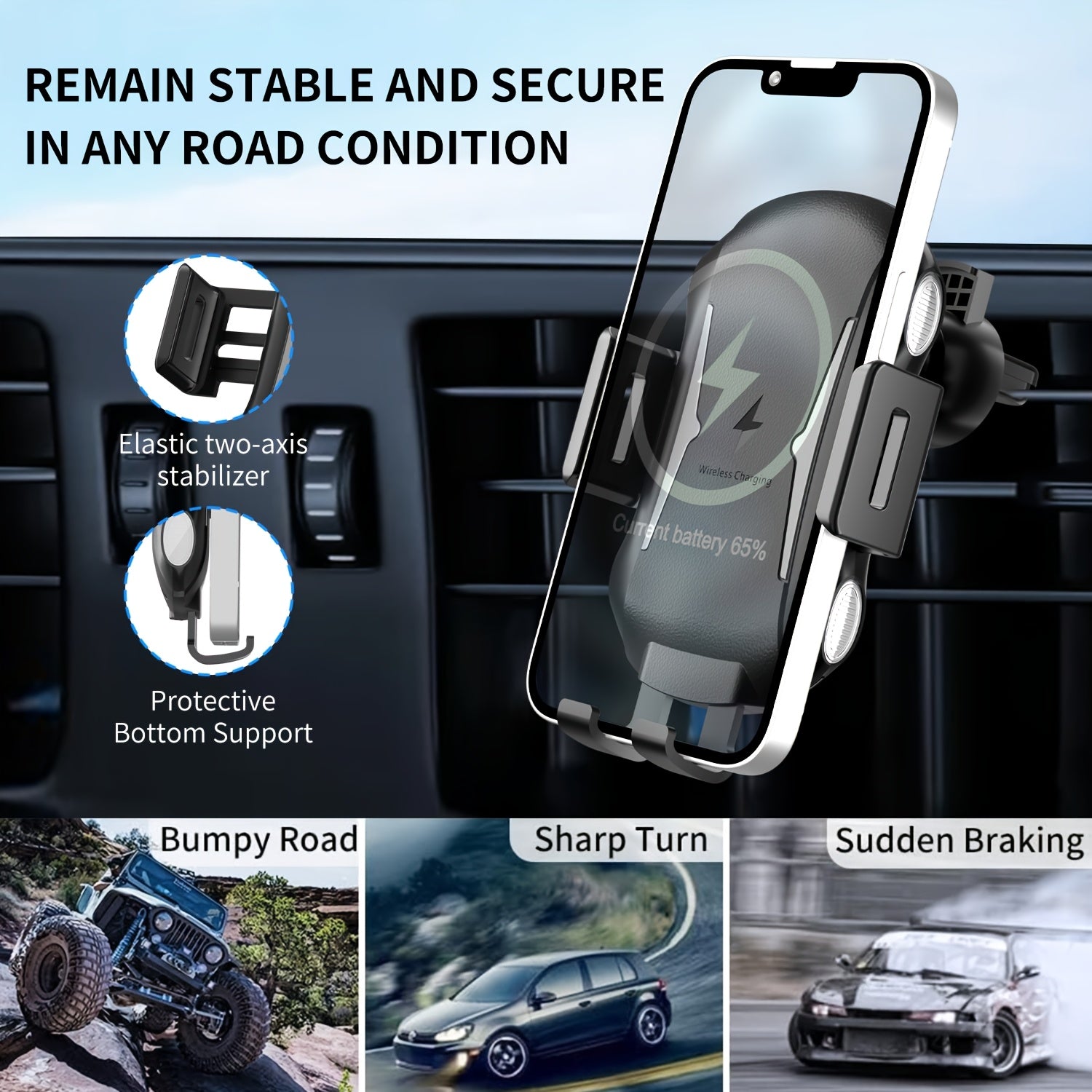 Auto-Sensing Car Phone Mount - Wireless Charger Fast Charge with Vent Clip & Dashboard Suction, Auto-Lock Tech For, Smart Car Holder