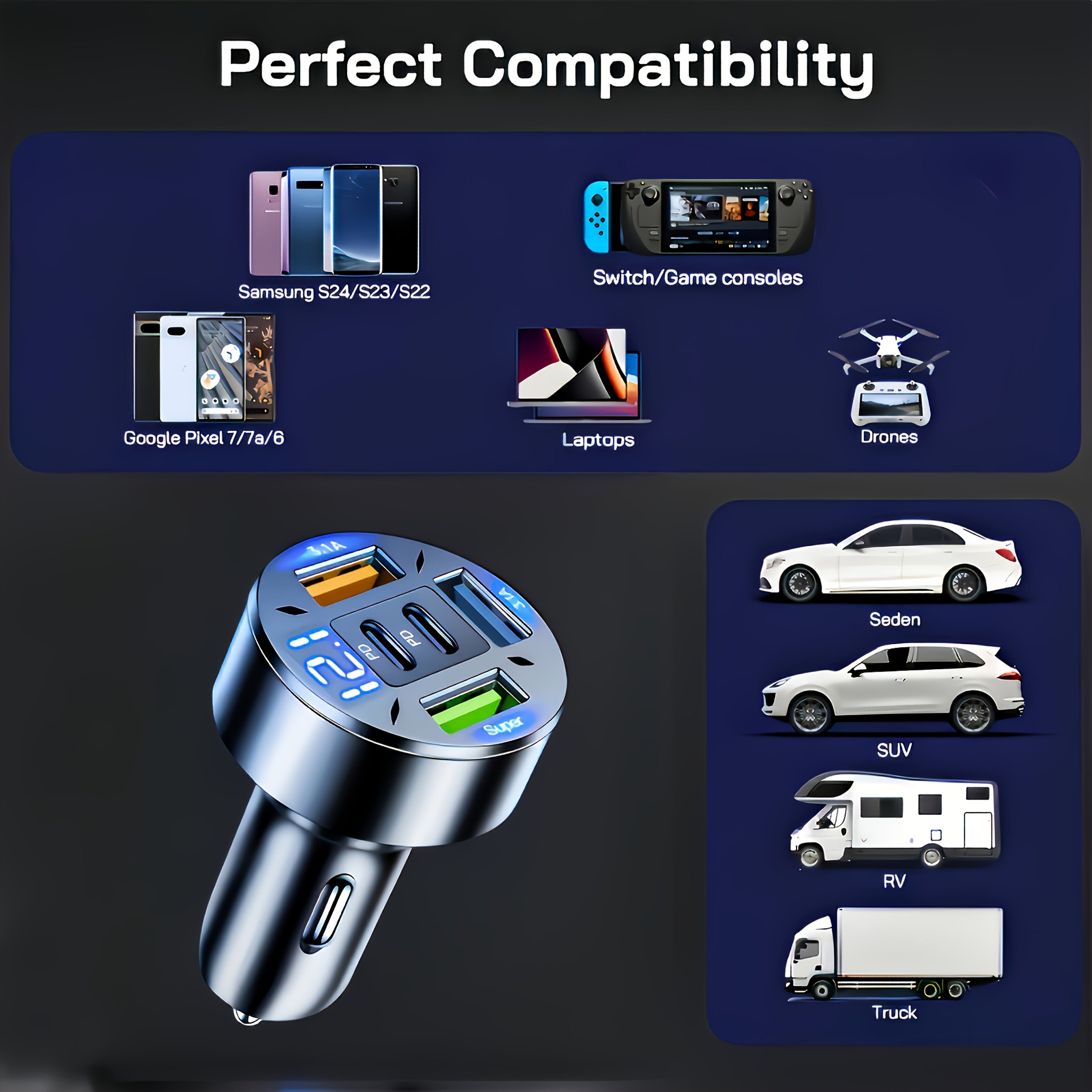 2026 Upgraded Fast-Charge Digital Display Car Charger | Features 2 PD and 3 USB-C Ports, Portable, Designed for Drivers and Passengers, Wireless Charging Adapter, Travel-Friendly