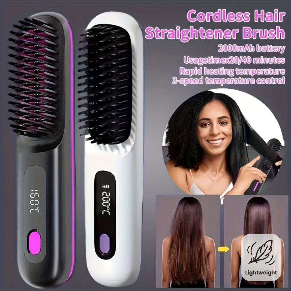 Portable Wireless Hair Straightener Comb | USB Charging, 3-speed Temperature Control, Negative Ion Technology, Long-lasting Luster, LED Display, Lightweight, Perfect for Travel, Includes Comb and Clip.