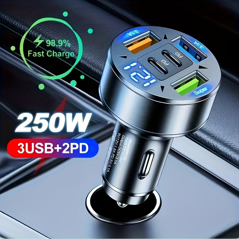 2026 Upgraded Fast-Charge Digital Display Car Charger | Features 2 PD and 3 USB-C Ports, Portable, Designed for Drivers and Passengers, Wireless Charging Adapter, Travel-Friendly