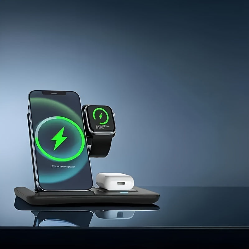 3-In-1 Wireless Charging Station, 15W Fast Foldable Mag-Safe Charger Stand with QC3.0 Adapter, Compatible with Iphone 15/14/13/12/11/X/8 Pro Max/Pro/Mini/Plus, Iwatch Ultra9/8/7/6/5/4/3/2, Airpods 3