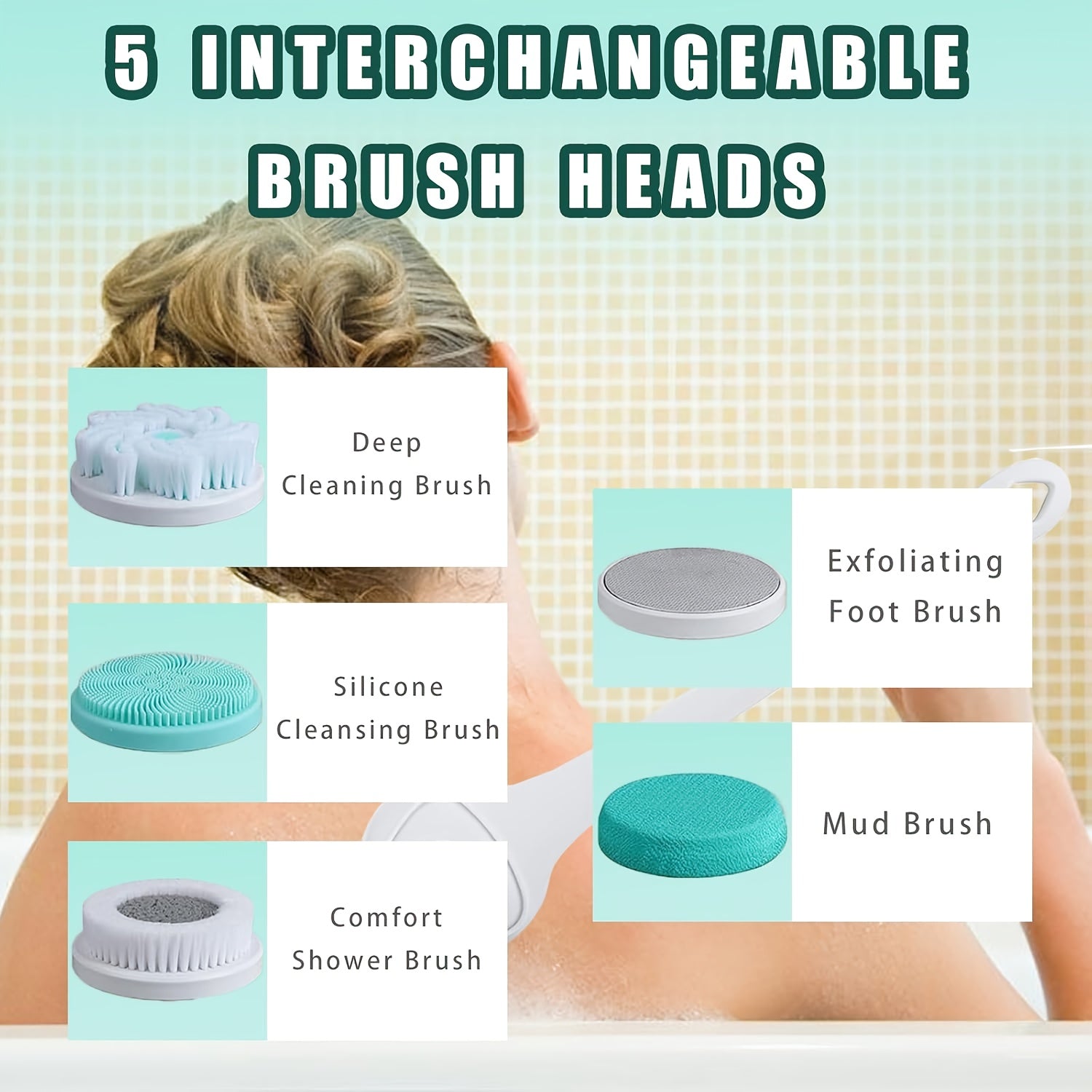 6-in-1 Rechargeable Electric Shower Brush Set for Full Body Cleansing And Vibrating Back Scrubber- Removable Long Handle And Exfoliating Brush- Rotating Shower Facial Brush Head- for Deep Cleansing And Exfoliation- Gift for Girlfriends