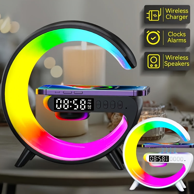 Multi-Function Wireless Charger Stand, Fast Wireless Charging Station for Smartphones, HD Audio Subwoofer, Portable Wireless Speaker, Alarm Clock, Colour LED Night Light, RGB Light, Bedside Lamp, Christmas And Halloween Gifts.