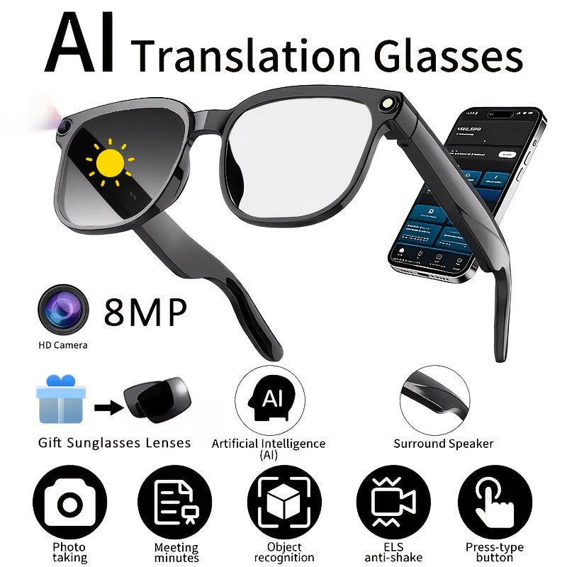 AI Smart Glasses with/without Camera Options, Touch Control, AI ChatGPT, Real Time Translation, 8MP HD Anti-Shake, Blue Light Protection, Noise Reduction Dual Mics, HD Recording & Wireless Calling, for Cycling, Driving, Fishing, Office, Travel FPV
