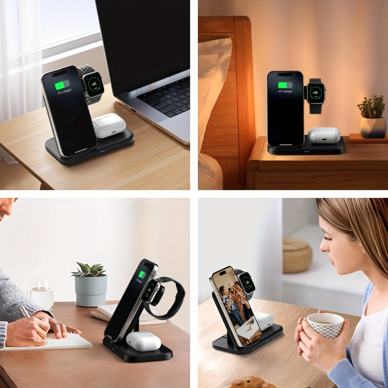 Wireless Charging Station 3-in-1 Standard 15W Charger Stand for IPhone16 15 14 13 12 11 X 8 Pro Max/Pro/Mini/Plus, iWatch Ultra 10/9/8 7/6/5/4/3/2 SE, AirPods 4/3/2/Pro/pro2.