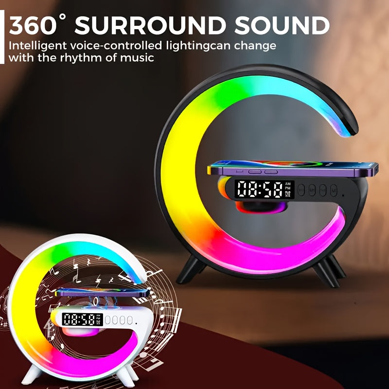 Multi-Function Wireless Charger Stand, Fast Wireless Charging Station for Smartphones, HD Audio Subwoofer, Portable Wireless Speaker, Alarm Clock, Colour LED Night Light, RGB Light, Bedside Lamp, Christmas And Halloween Gifts.